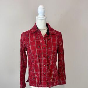 Krazy Kat Button Up Shirt Womens Size S Red Plaid Christmas Novelty Top Vintage